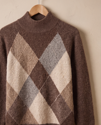 Weymouth Classic High Neck Color Block Argyle Sweater — neckline and argyle detail