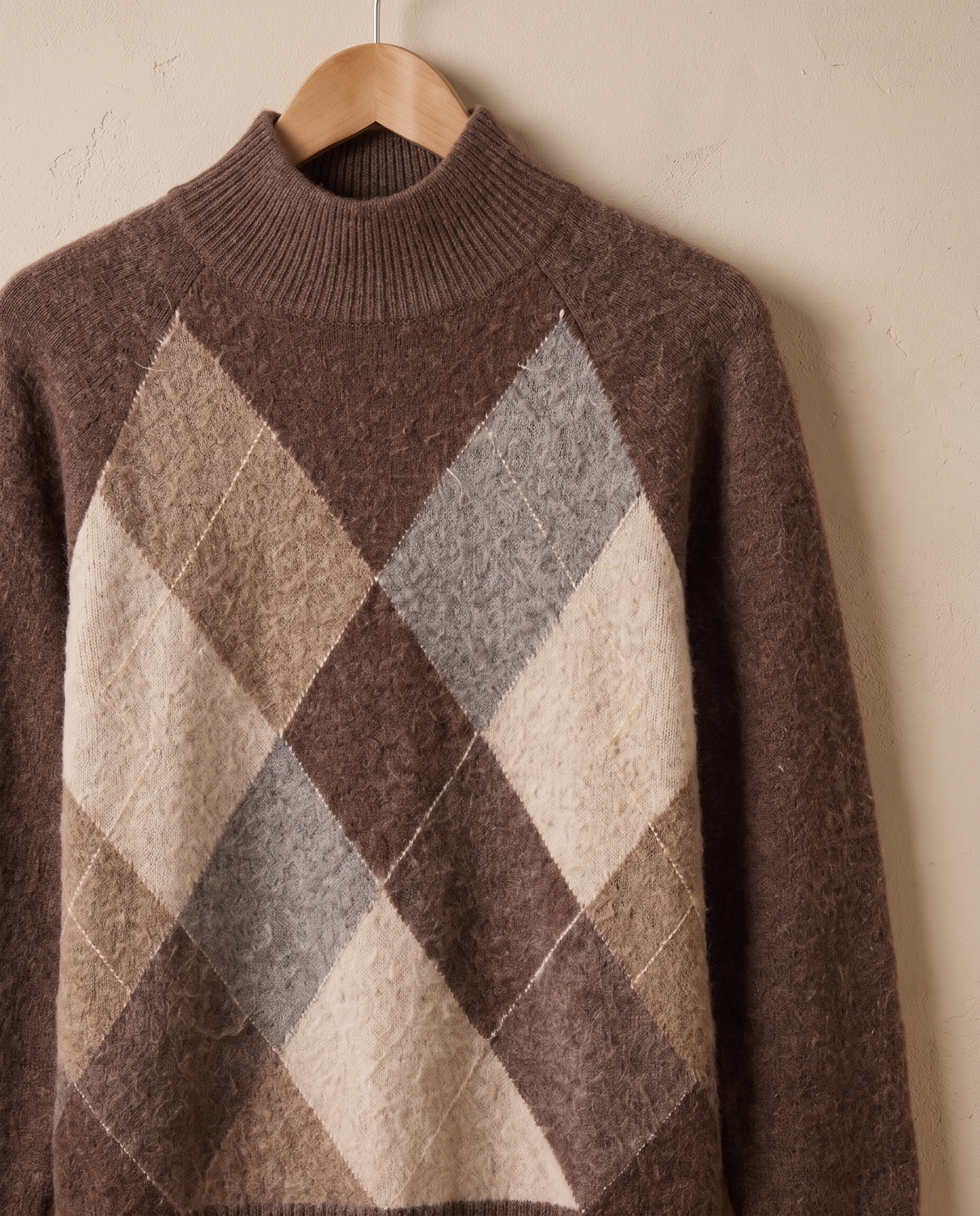 Weymouth Classic High Neck Color Block Argyle Sweater — neckline and argyle detail