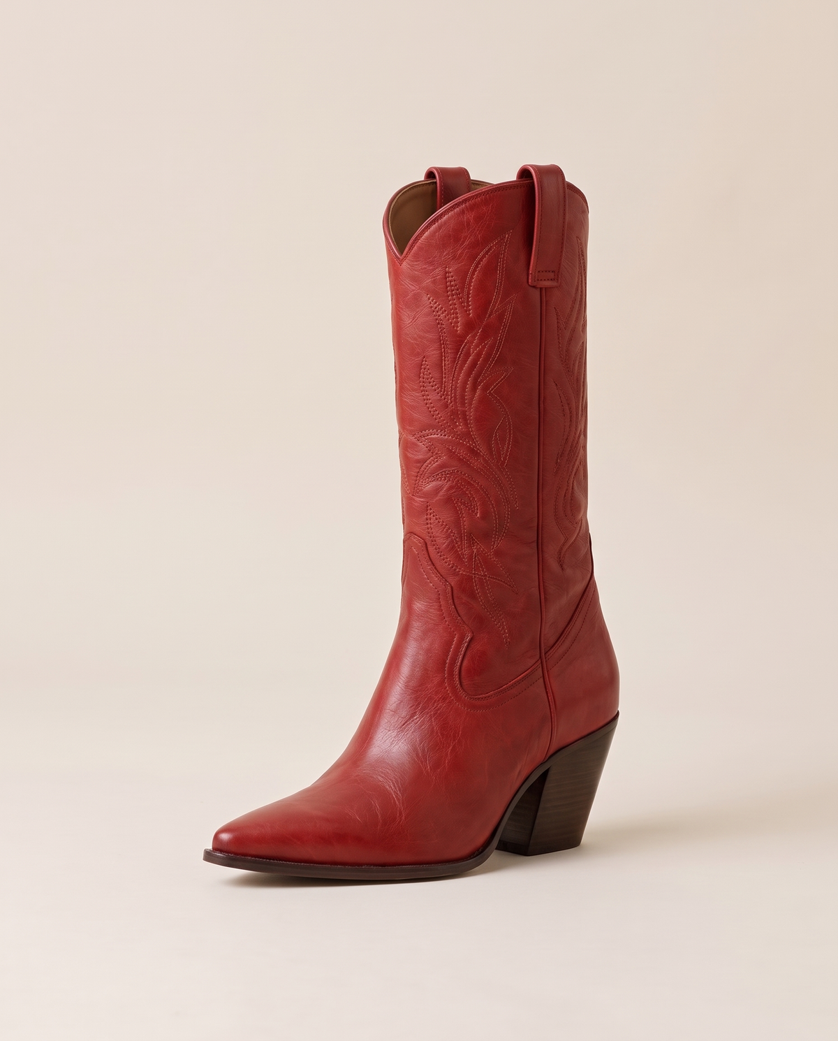Red Cowboy Boots for Women, Mid-Calf Western Style — single boot, three-quarter view