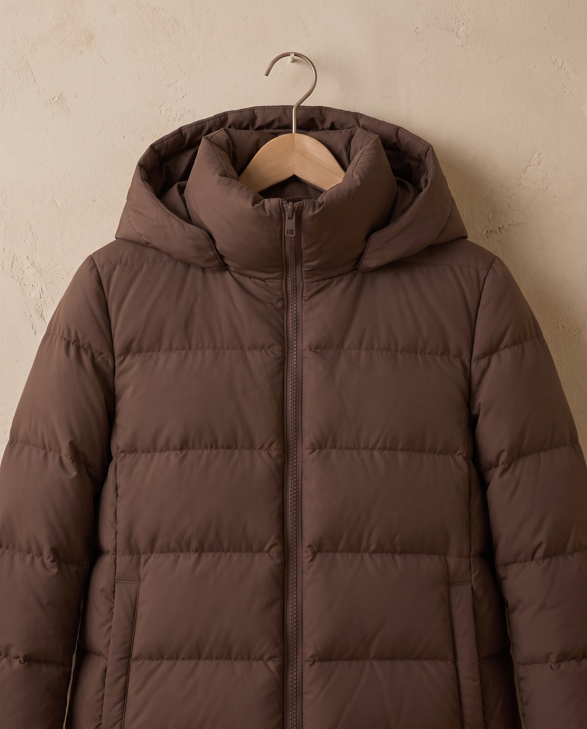 Hooded Puffer Jacket with Funnel Neck — hood and funnel neck on hanger