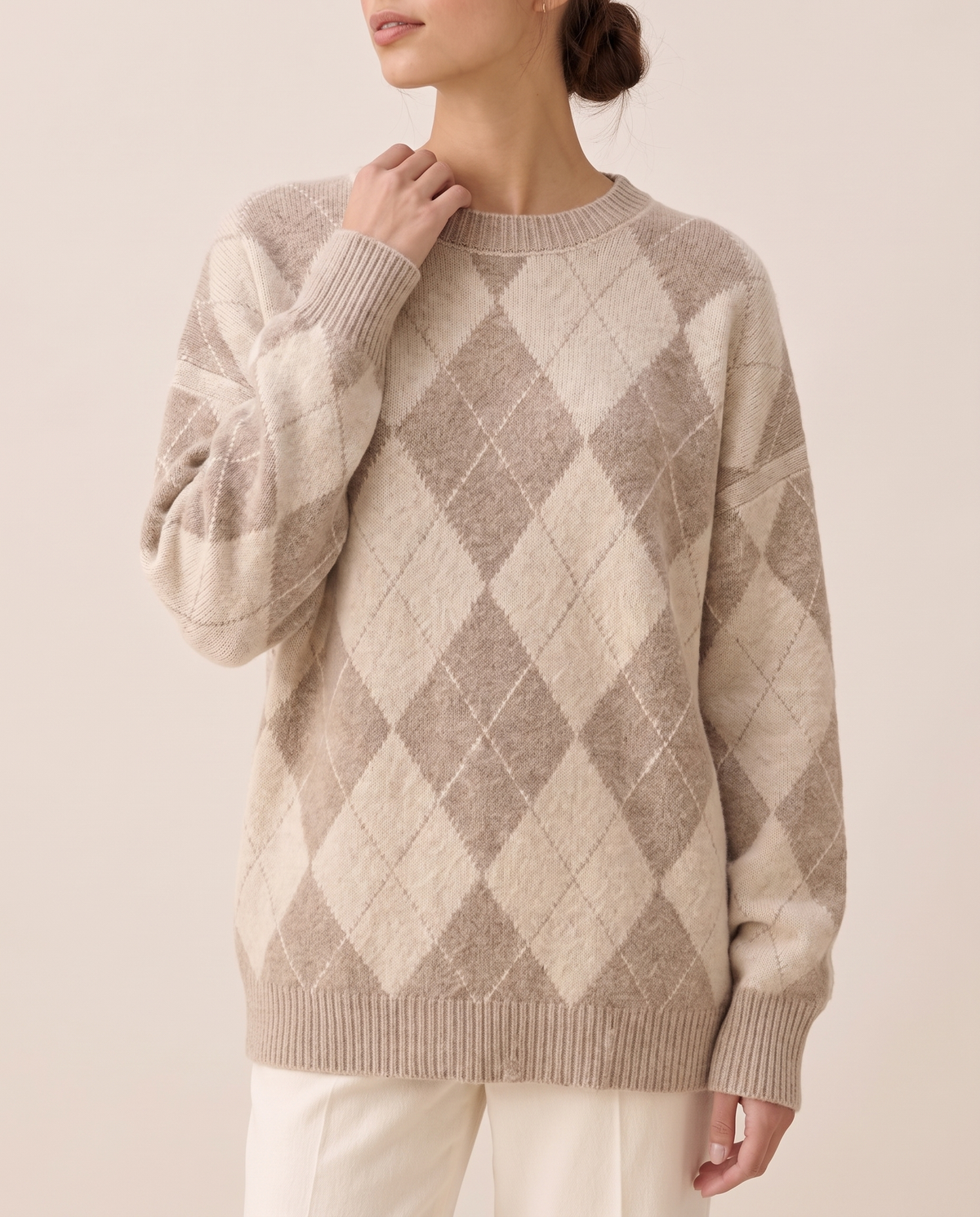 Lantern Oversized Argyle Drop-Shoulder Crew Neck Sweater — knit detail, worn