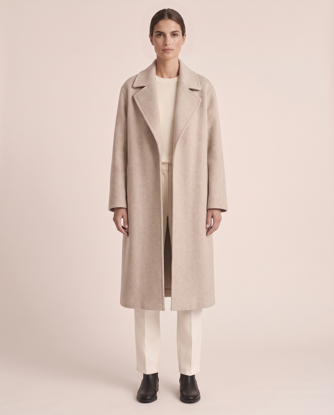 Long Beige Wool Coat for Women — studio front