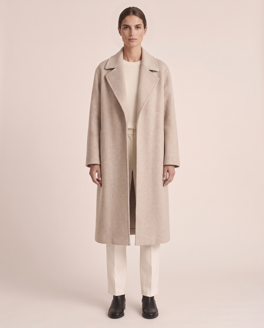 Long Beige Wool Coat for Women — studio front