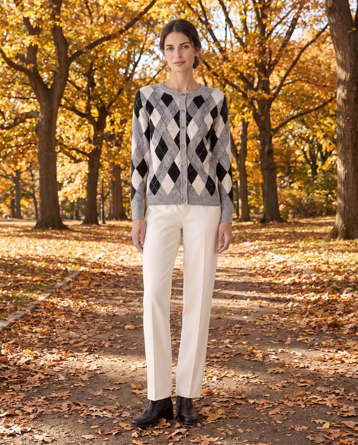 Belgravia Classic Argyle Button-Front Cardigan — worn in Central Park in autumn