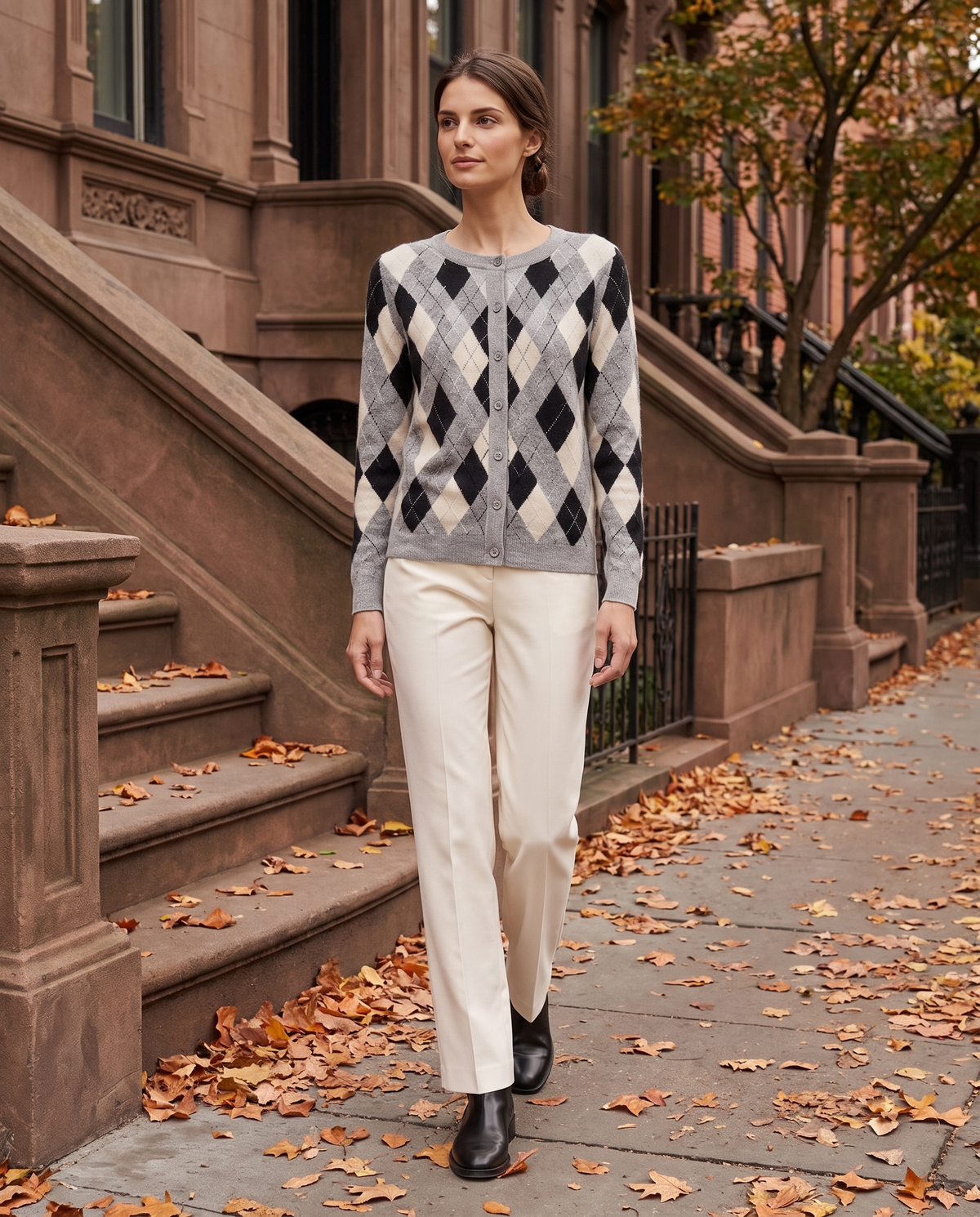 Belgravia Classic Argyle Button-Front Cardigan — worn on a New York street in autumn