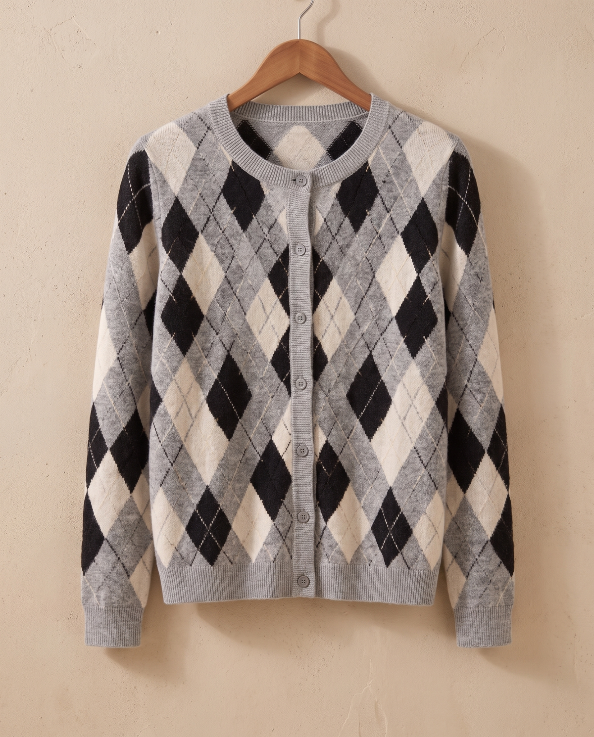 Belgravia Classic Argyle Button-Front Cardigan — argyle and button detail