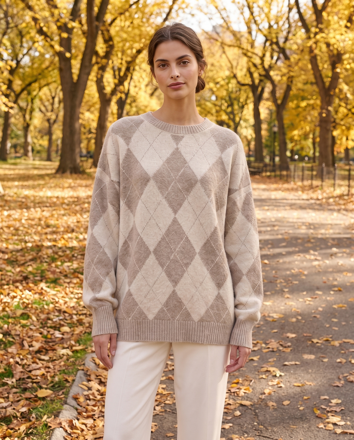 Lantern Oversized Argyle Drop-Shoulder Crew Neck Sweater — worn in Central Park in autumn