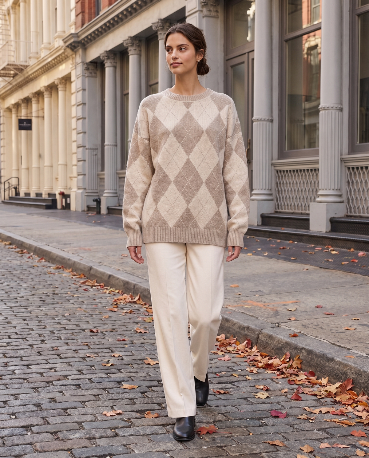 Lantern Oversized Argyle Drop-Shoulder Crew Neck Sweater — worn on a New York street in autumn