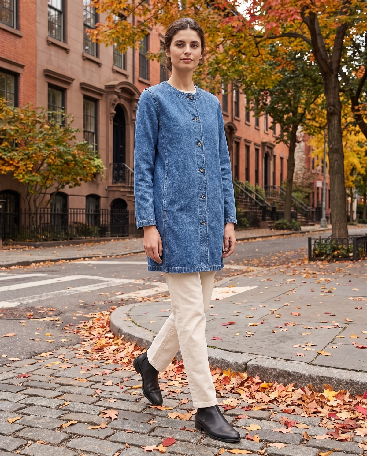 Long Denim Coat for Women — worn on a New York street in autumn
