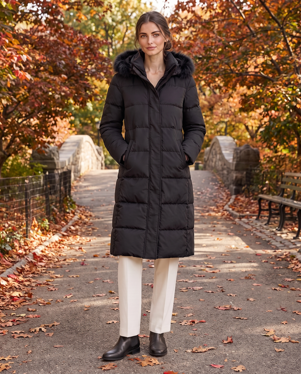 Long Hooded Puffer Coat with Plush Trim — worn in Central Park in autumn