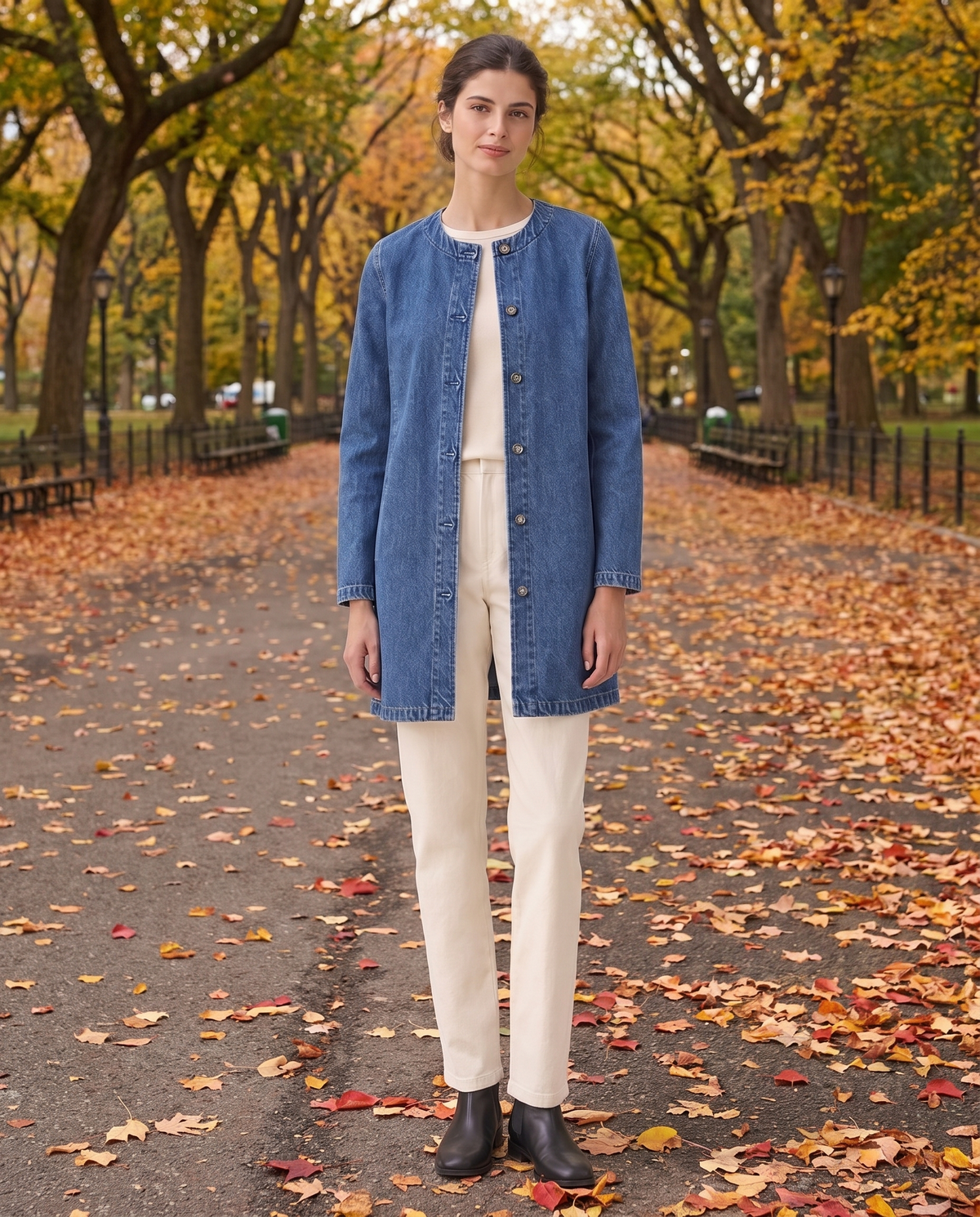 Long Denim Coat for Women — worn in Central Park in autumn
