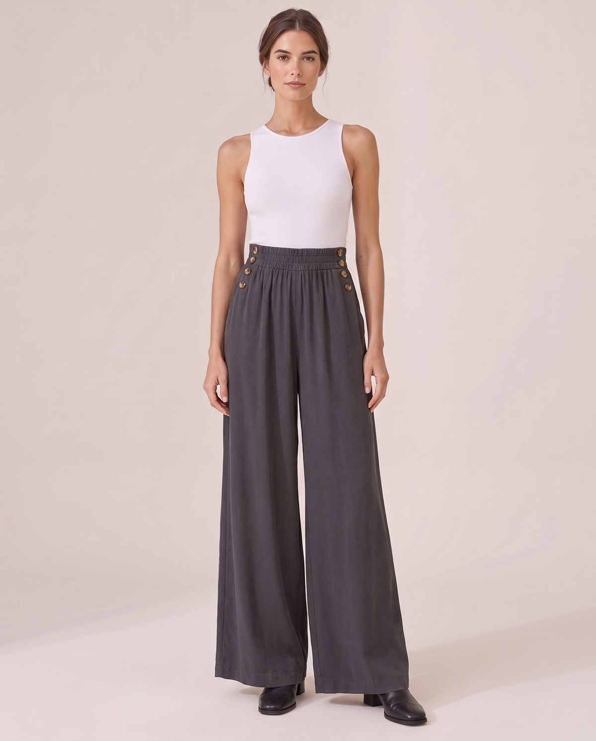 Denali Tailored Button-Trim Wide-Leg Pants — grey