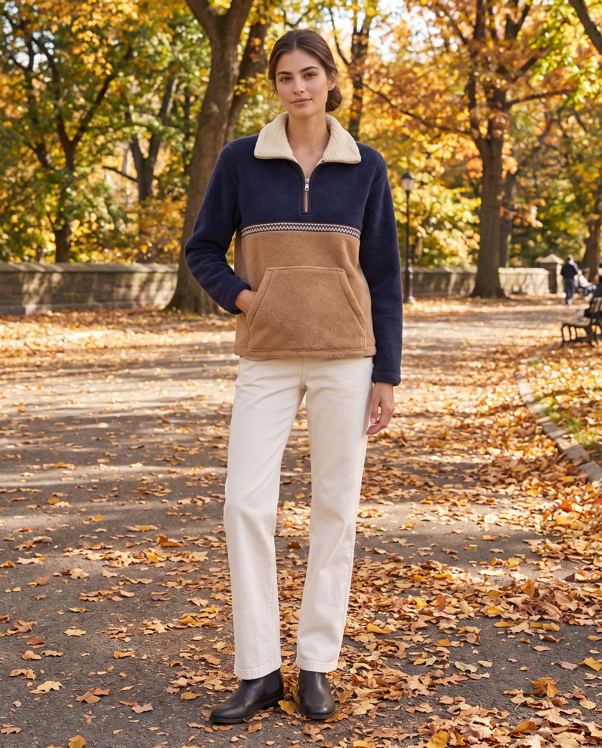 Zion Cozy Color-Block Quarter-Zip Sherpa Pullover — worn in Central Park in autumn