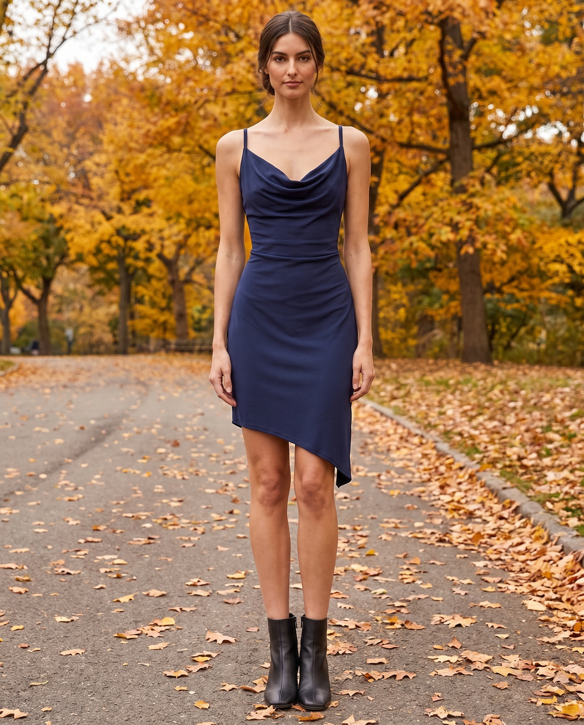 Berkshire Sleek Draped Cowl-Neck Cocktail Dress — worn in Central Park in autumn