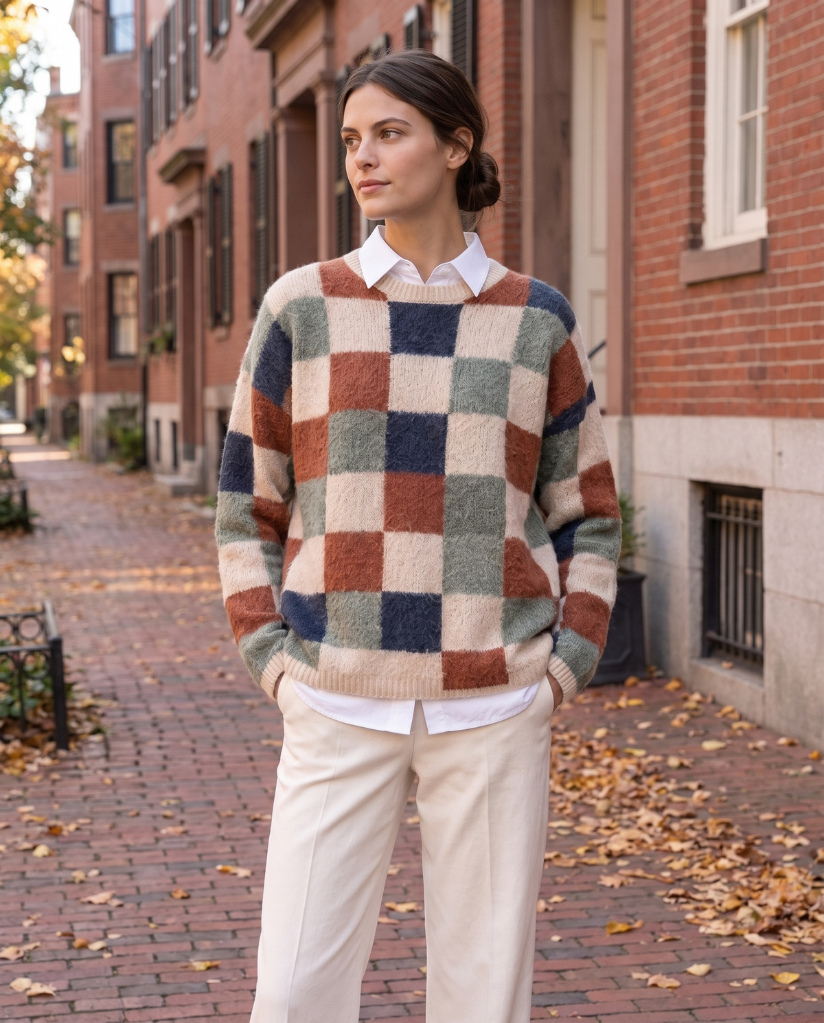 Silverton Cozy Checkered Print Pullover Sweater — layered over a shirt on a Boston street