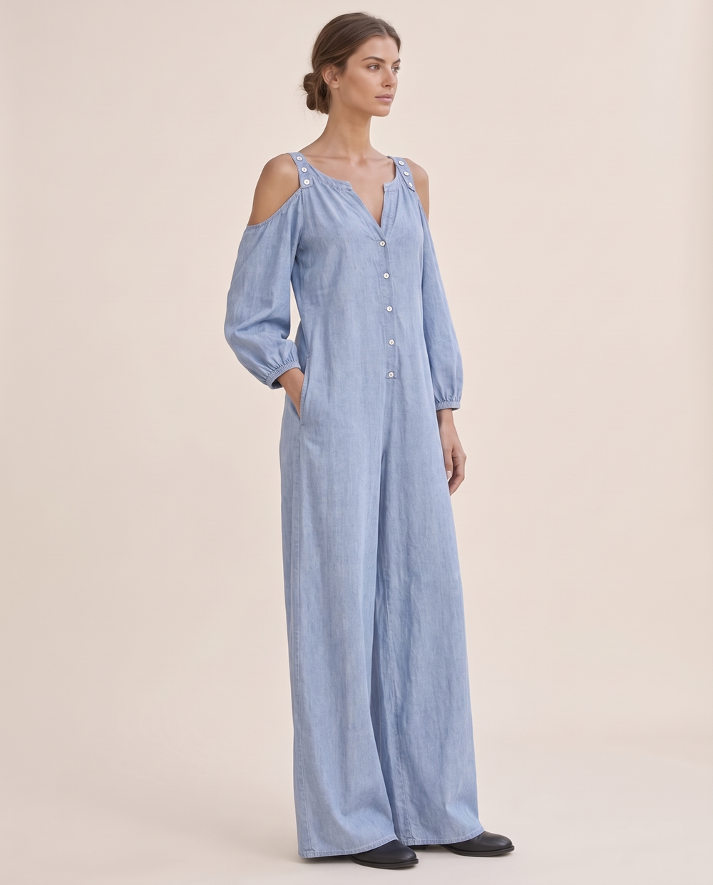 Ashland Cold-Shoulder Wide-Leg Jumpsuit — three-quarter view