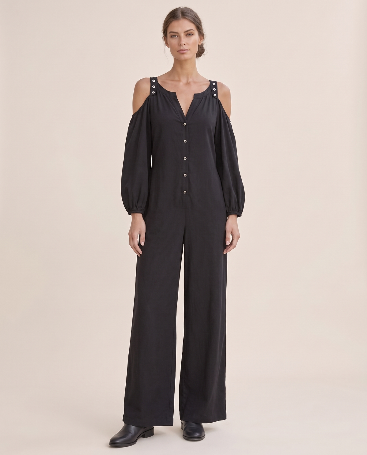 Ashland Relaxed Cold-Shoulder Wide-Leg Jumpsuit — black, studio front