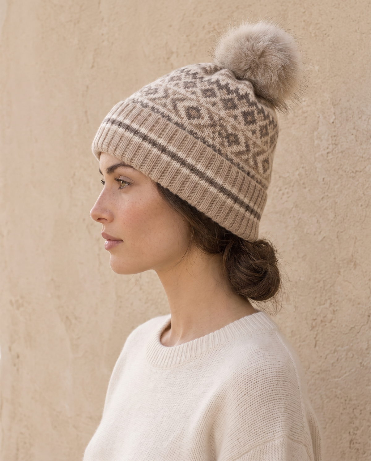 ONORA Cottage Warm Fair Isle Cashmere Pom-Pom Beanie — worn, profile