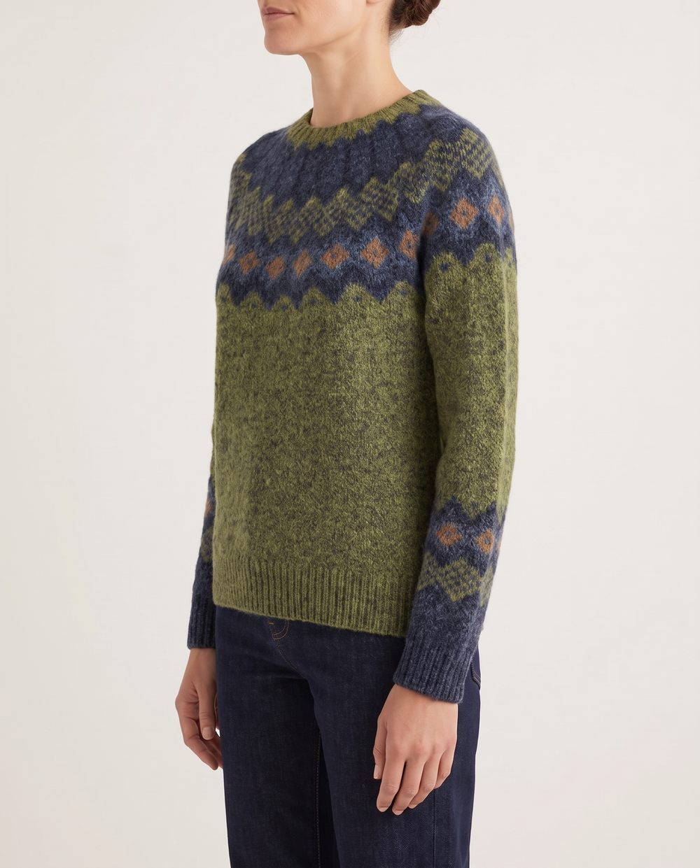 ONORA Ravine Classic Green Nordic Pattern Knit Sweater — three-quarter view