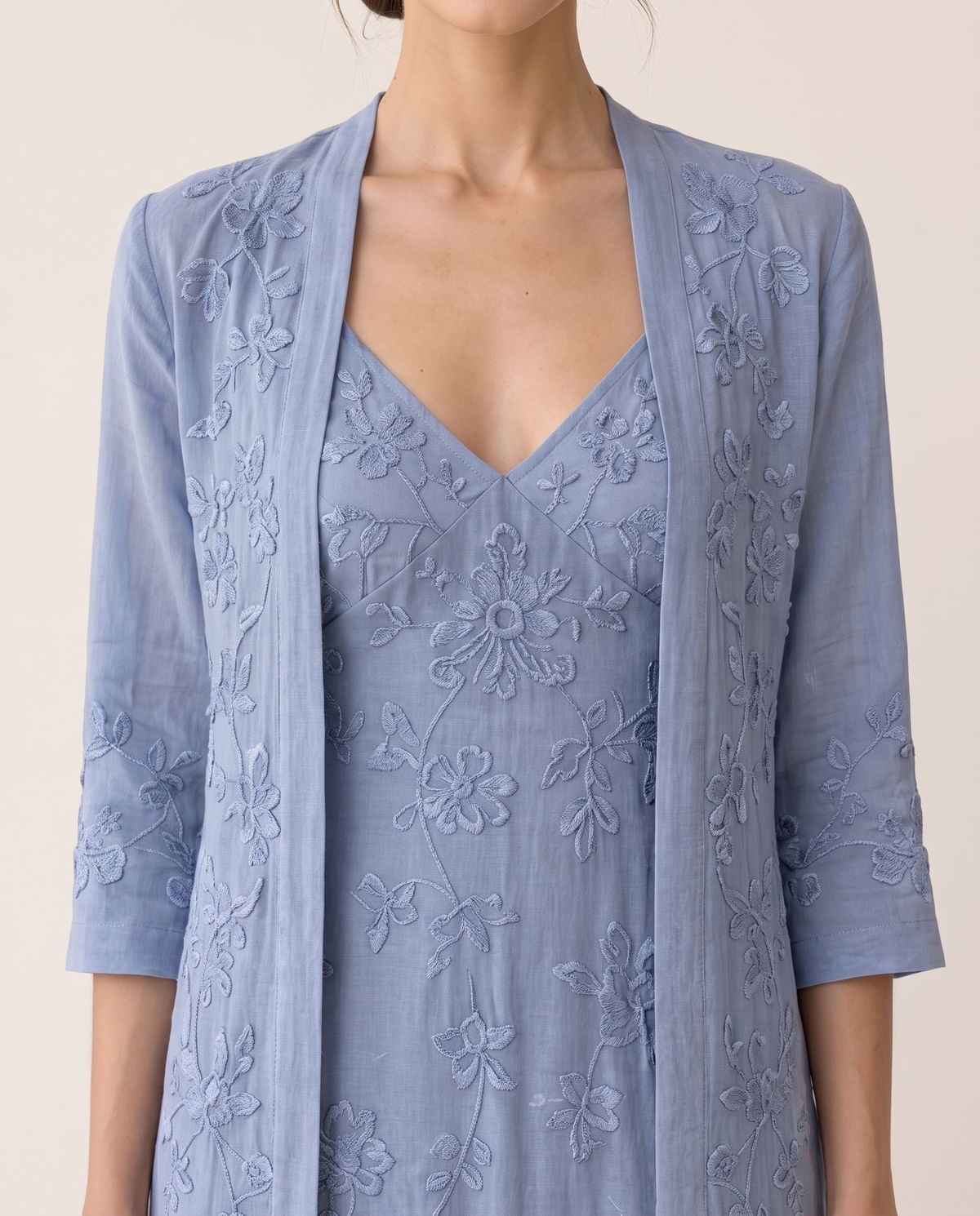 Avignon Elegant Embroidered Maxi Dress and Jacket Set — embroidery and jacket close-up