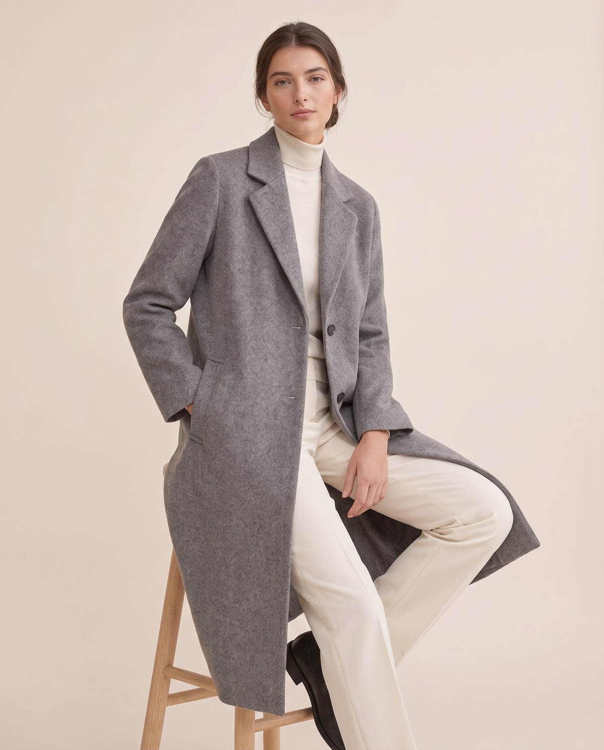 Mid-Length Wool-Blend Coat for Women — worn seated