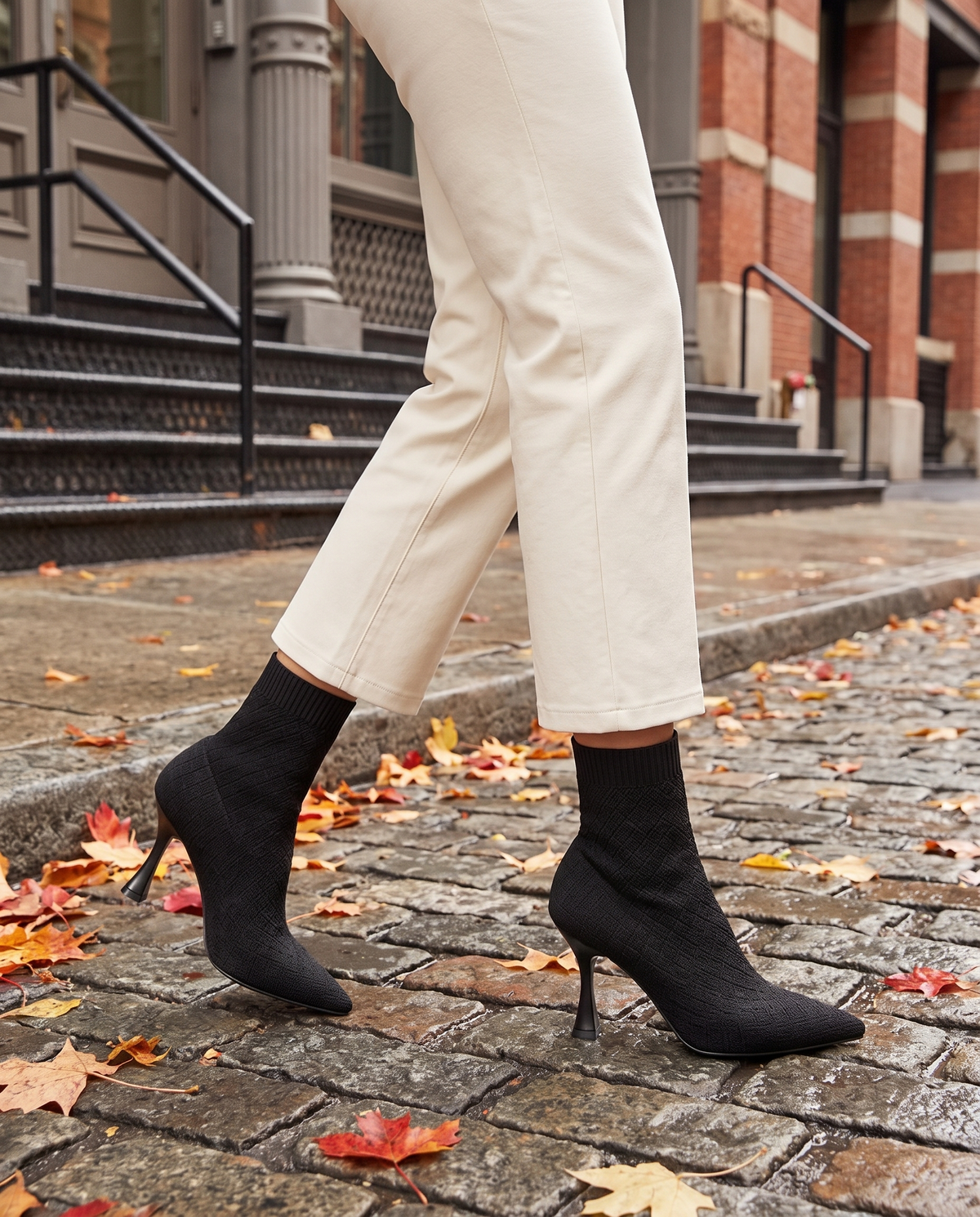 Pointed Toe Sock Boots in Stretch Knit — worn on a New York street in autumn