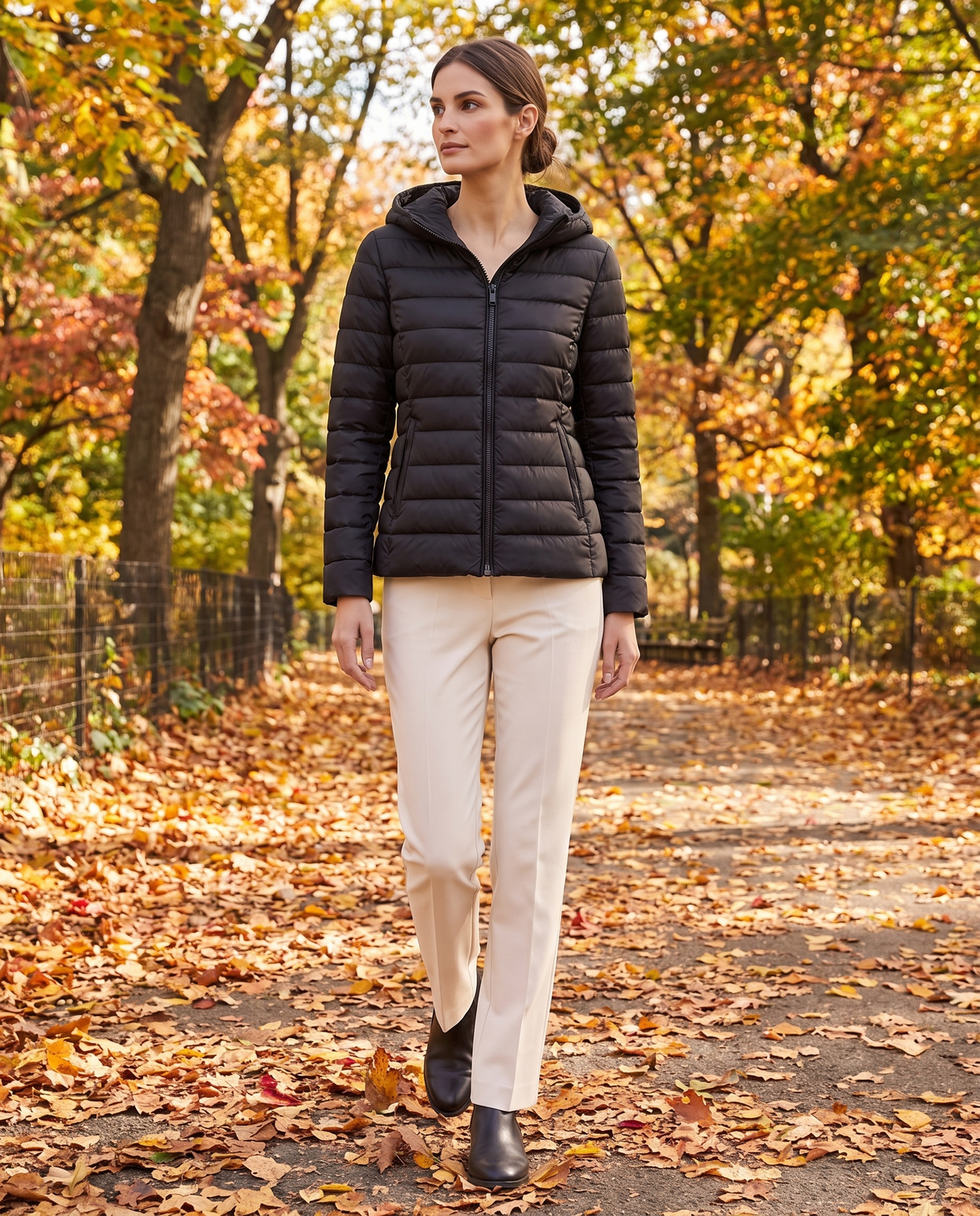 Quilted Hooded Puffer Jacket for Women — worn in Central Park in autumn