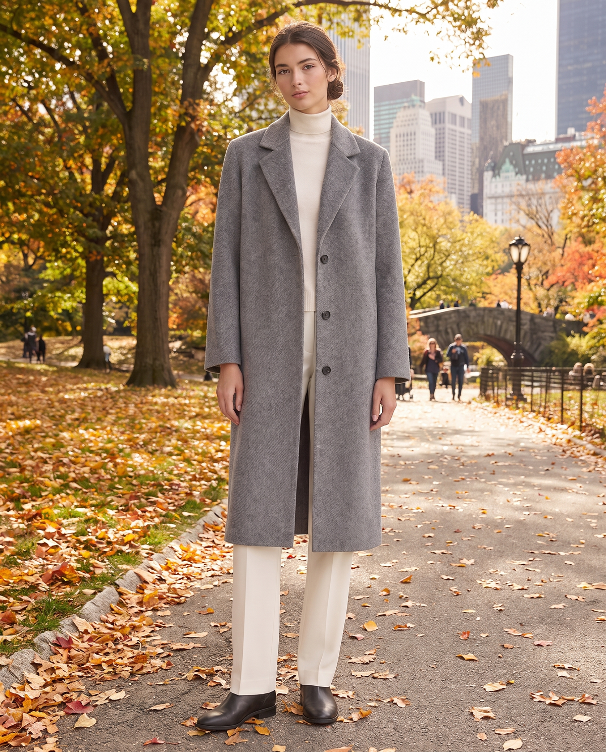 Mid-Length Wool-Blend Coat for Women — worn in Central Park in autumn