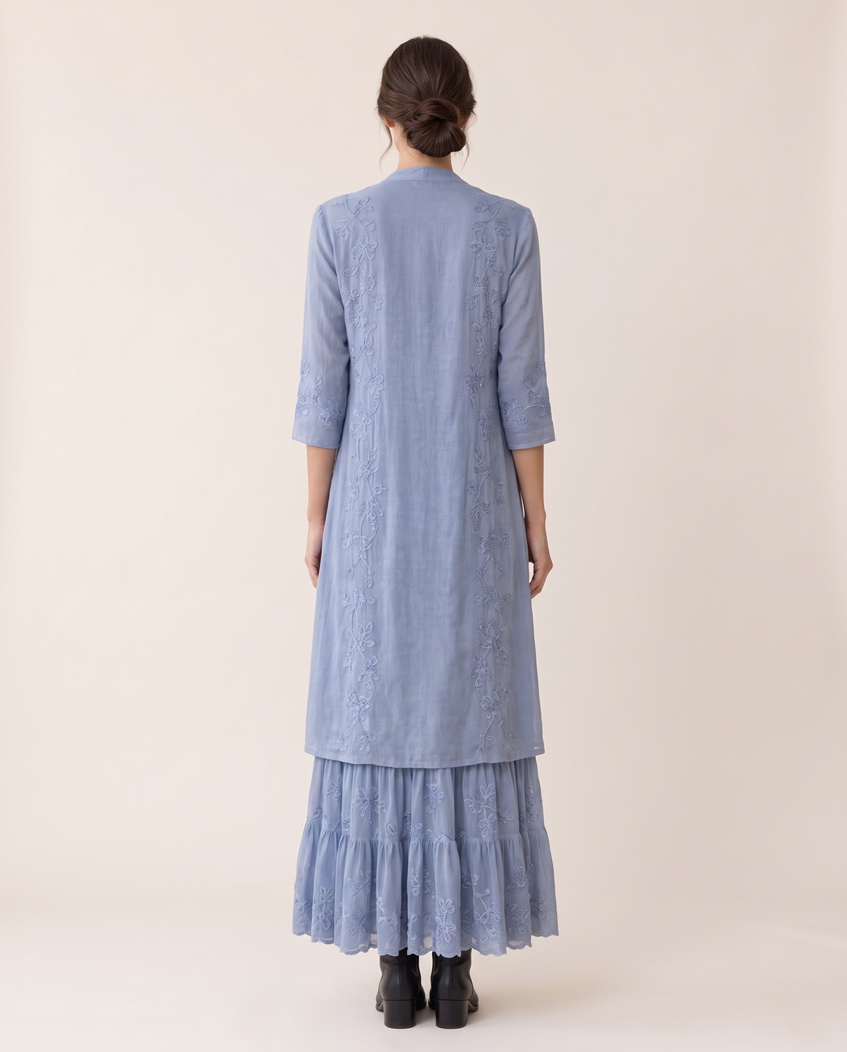 Avignon Elegant Embroidered Maxi Dress and Jacket Set — studio back