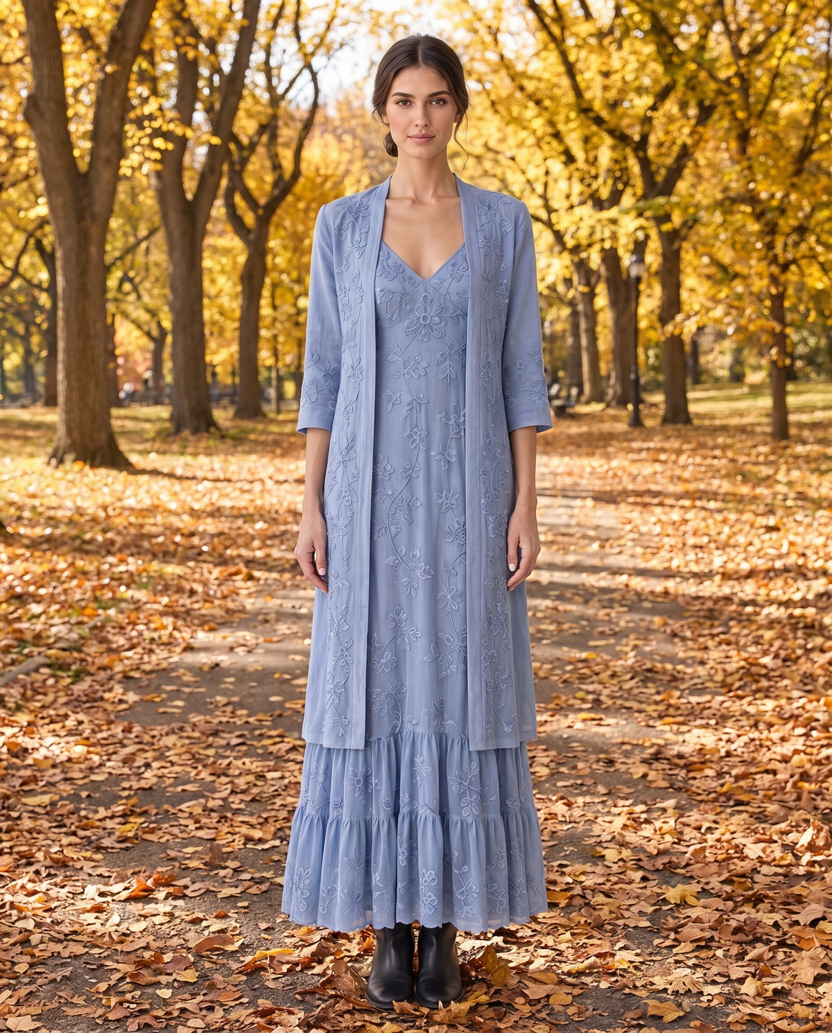 Avignon Elegant Embroidered Maxi Dress and Jacket Set — worn in Central Park in autumn