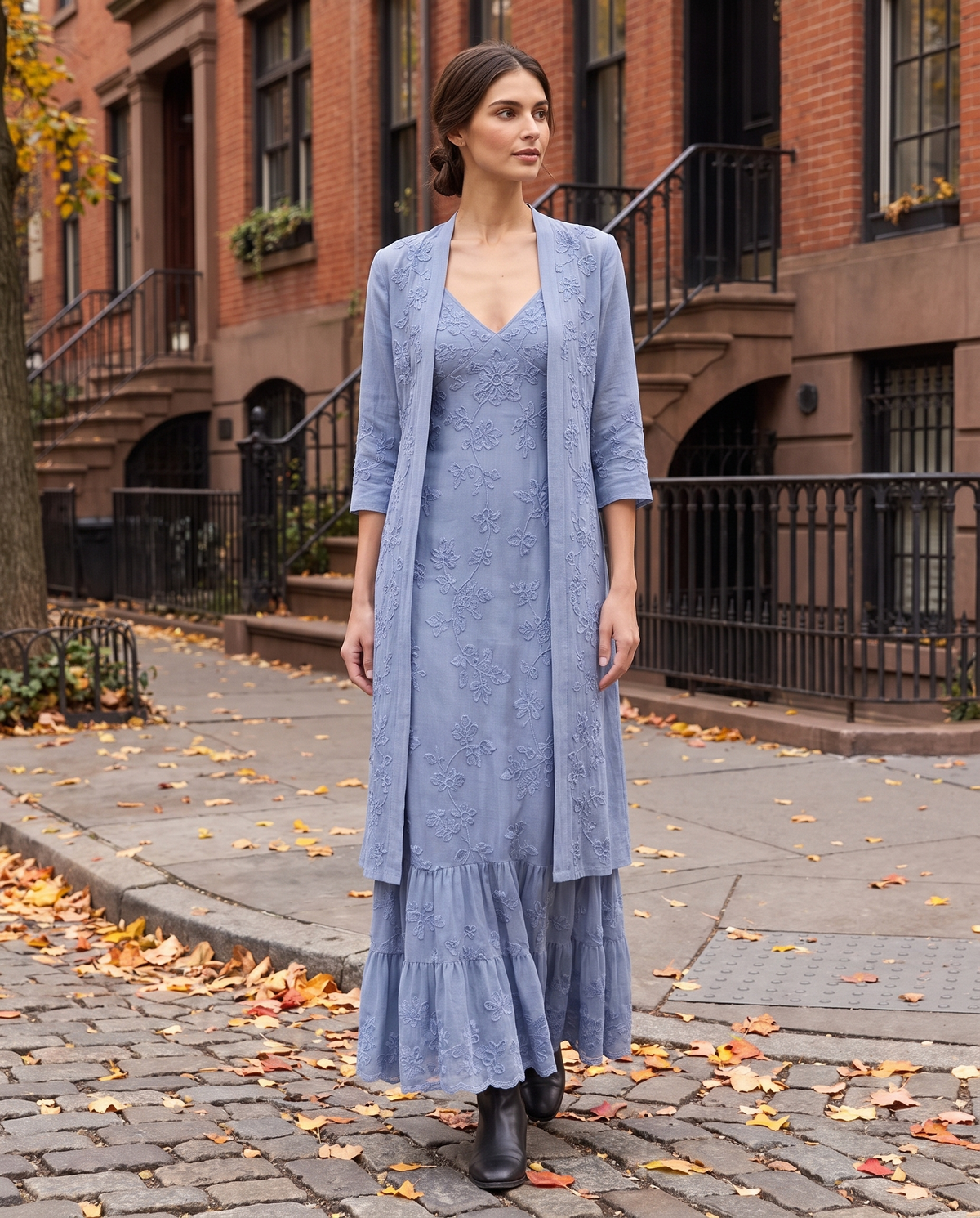 Avignon Elegant Embroidered Maxi Dress and Jacket Set — worn on a New York street in autumn