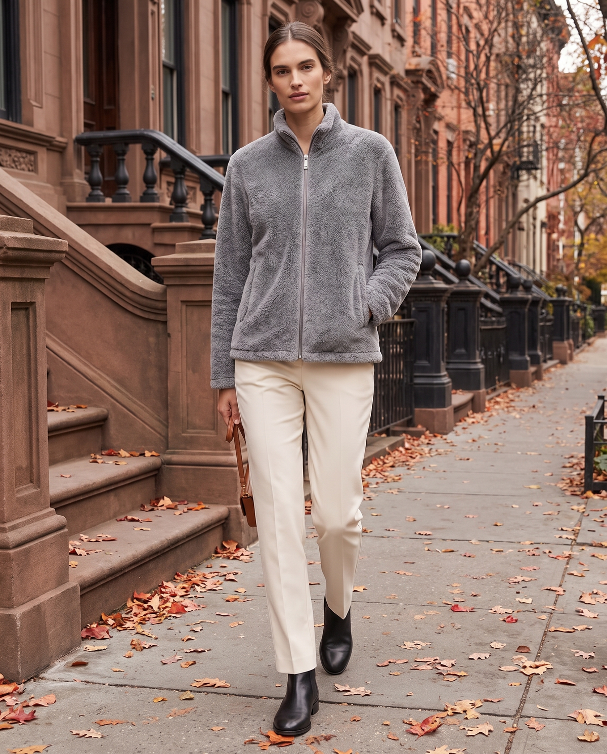 Faux-Mink Knit Zip Jacket with Stand Collar — worn on a New York street in autumn