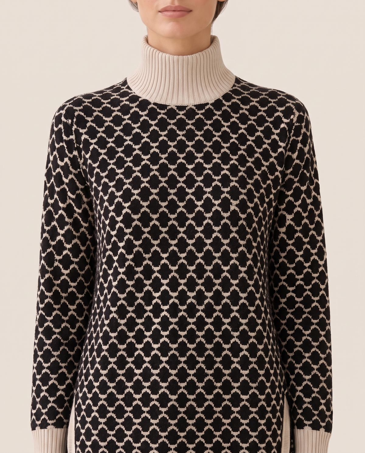 Sunstone Chic Patterned Stand-Collar Sweater — collar and pattern detail