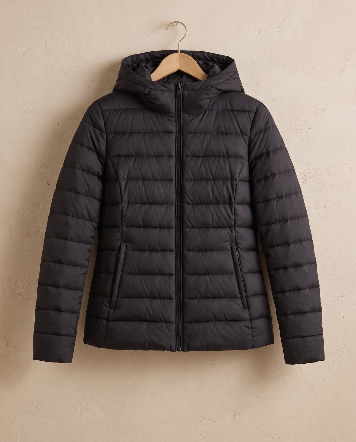 Quilted Hooded Puffer Jacket for Women — on hanger