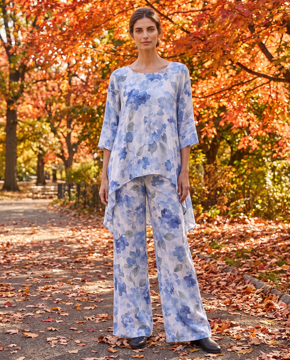 Bayfield Flowy Asymmetric Tunic and Pants Set — worn in Central Park in autumn