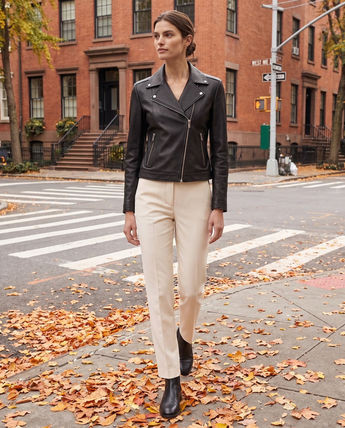 Notch-Lapel Leather Biker Jacket — worn on a New York street in autumn