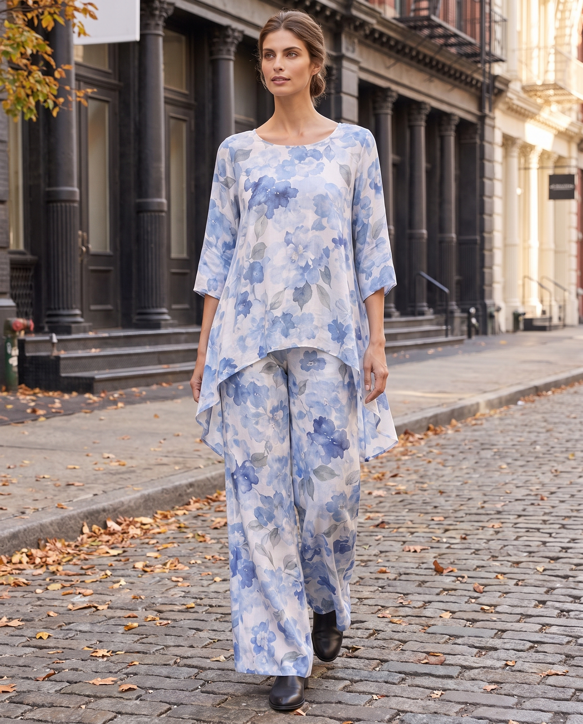 Bayfield Flowy Asymmetric Tunic and Pants Set — worn on a New York street in autumn