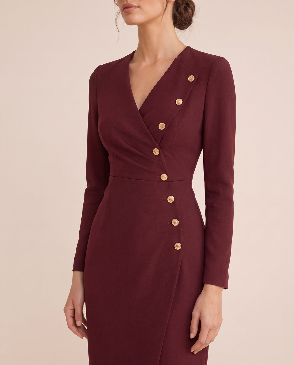 Stockholm Tailored Wrap-Front Buttoned Midi Dress — wrap front and buttons detail