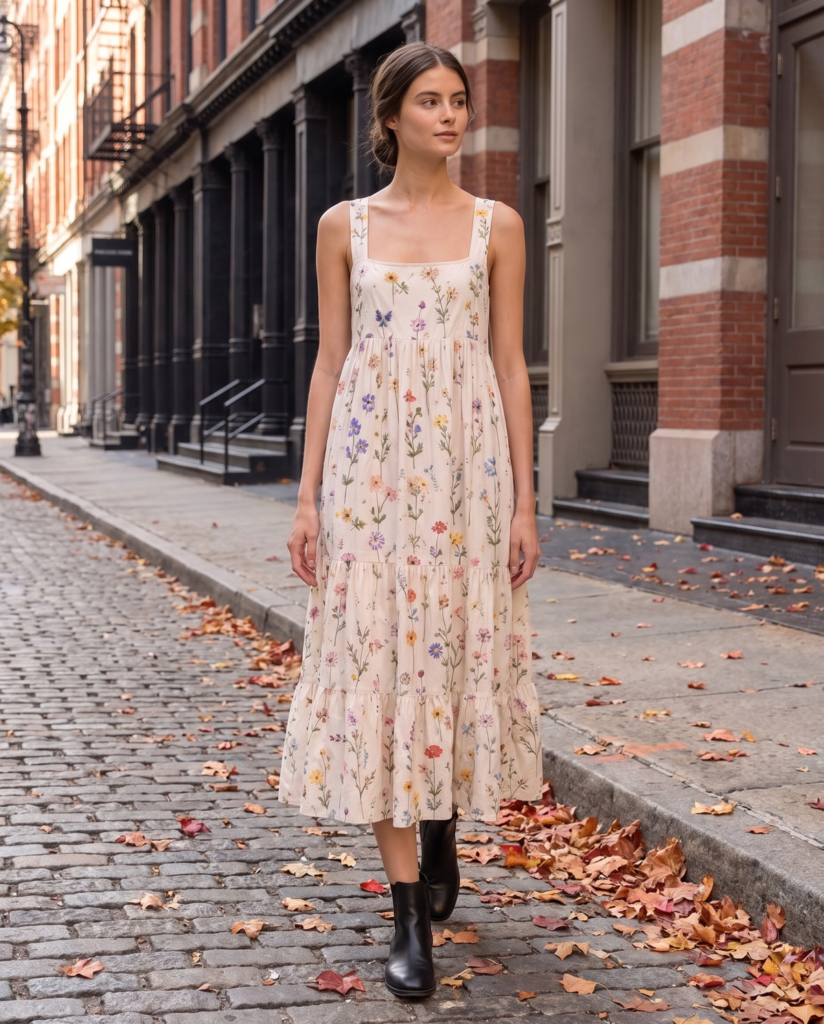 Sitka Relaxed Wildflower-Embroidered Tiered Midi Dress — worn on a New York street in autumn