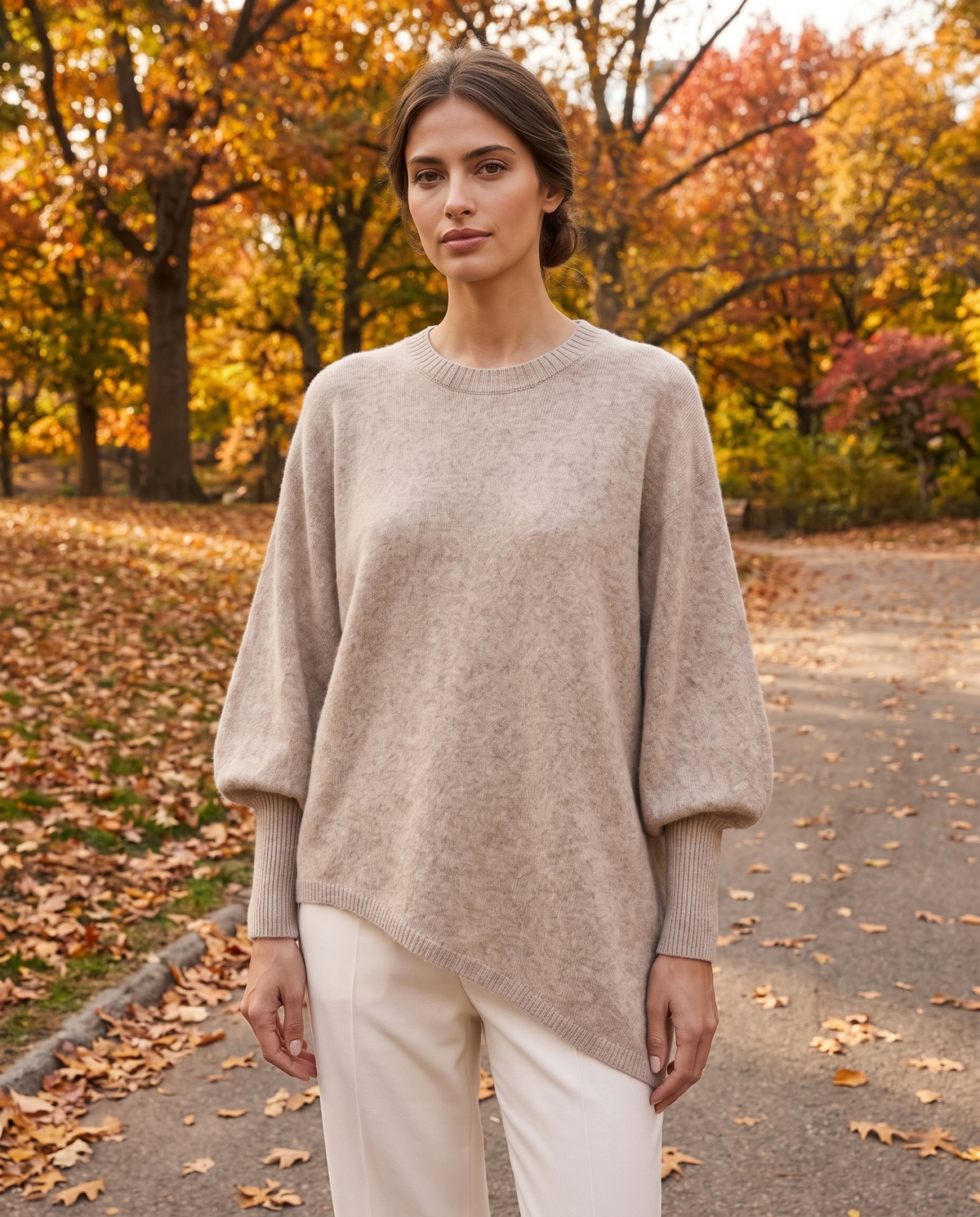 Ghent Warm Wool-Blend Draped Sweater with Asymmetric Hem — worn in Central Park in autumn