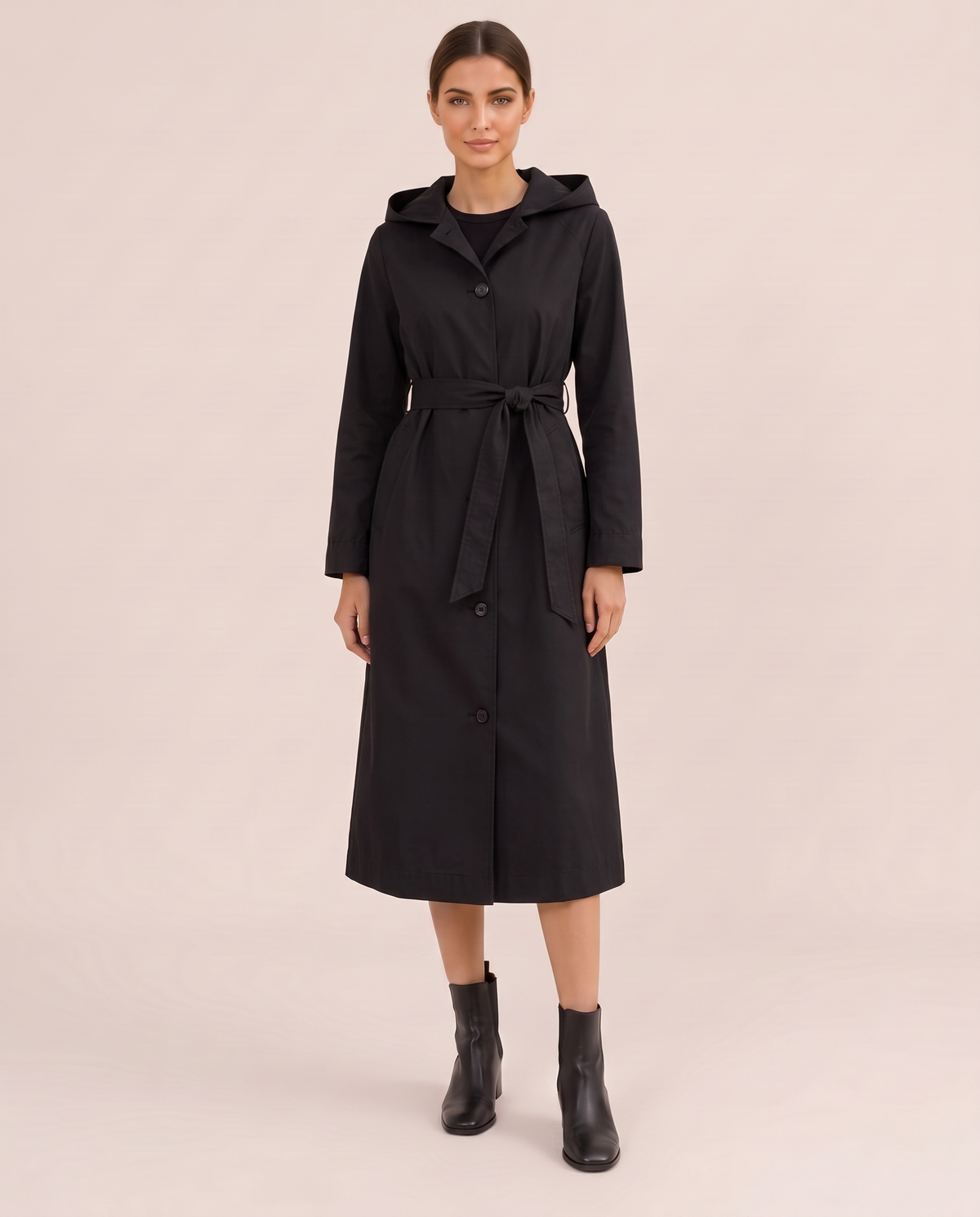 Hooded Single-Breasted Trench Coat — black, studio front