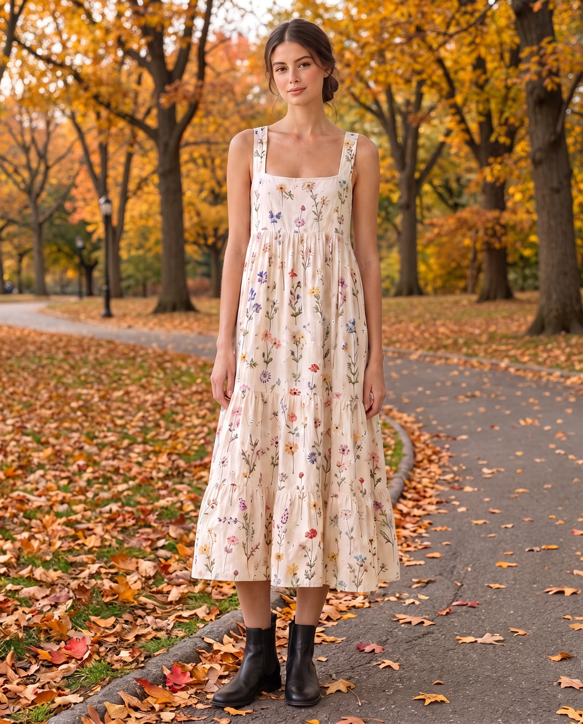 Sitka Relaxed Wildflower-Embroidered Tiered Midi Dress — worn in Central Park in autumn