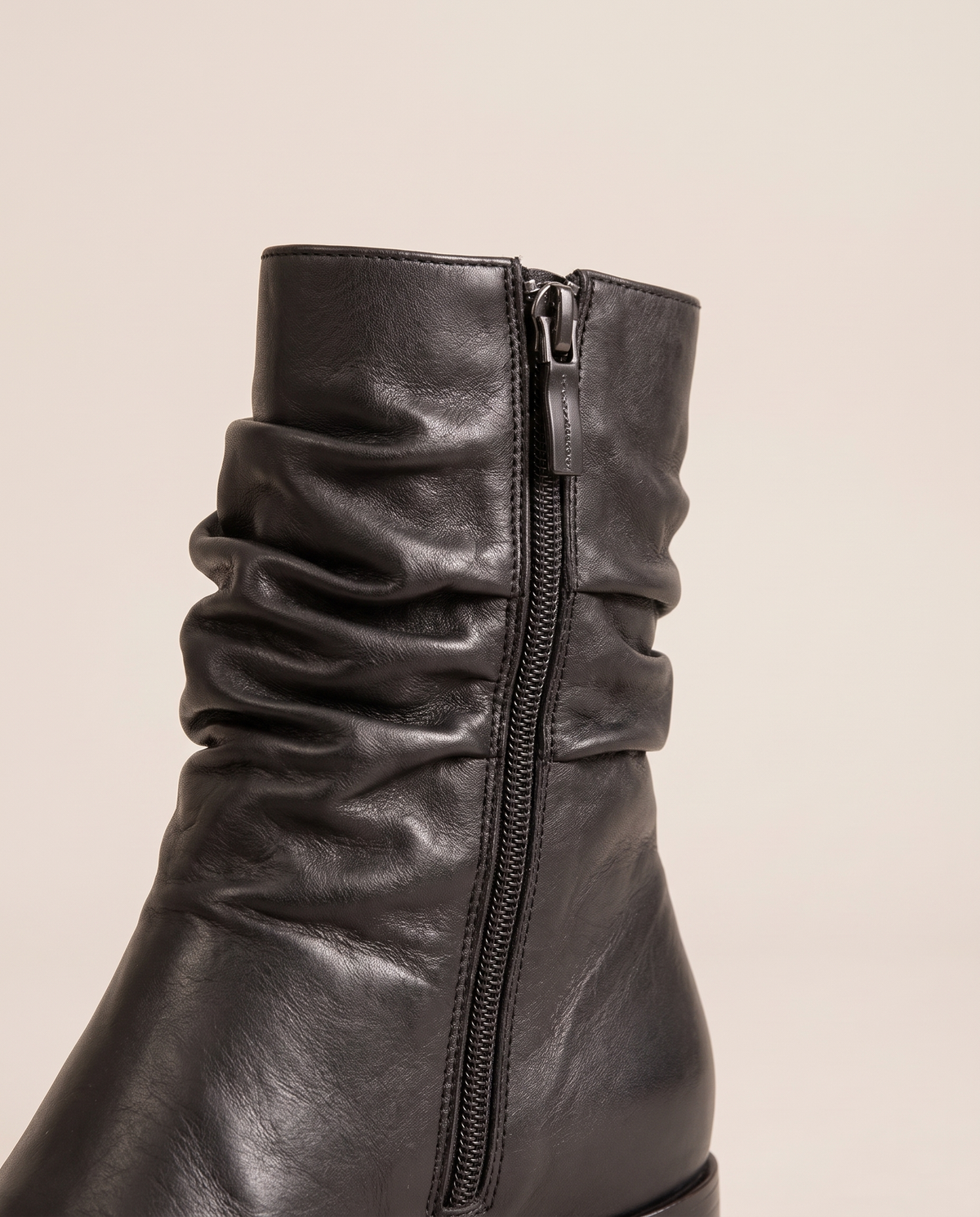 Ruched Ankle Boots with Side Zipper — ruching and zip close-up