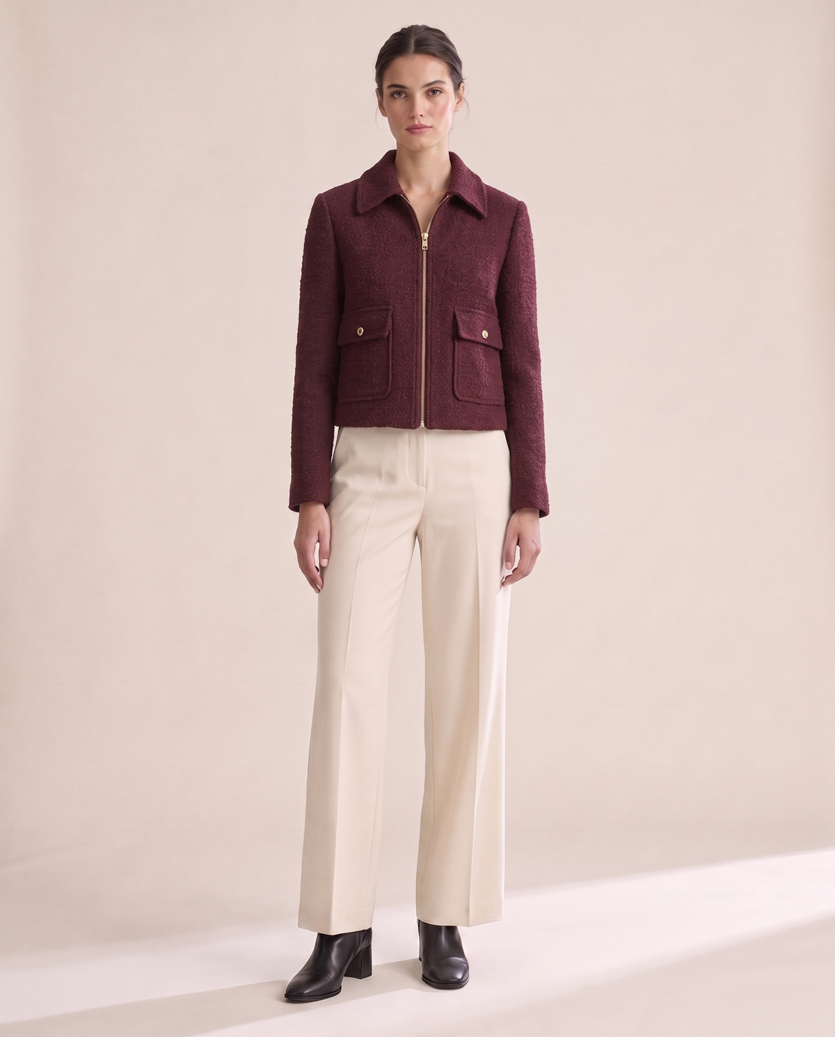 Tweed Zip Jacket for Women — burgundy, studio front