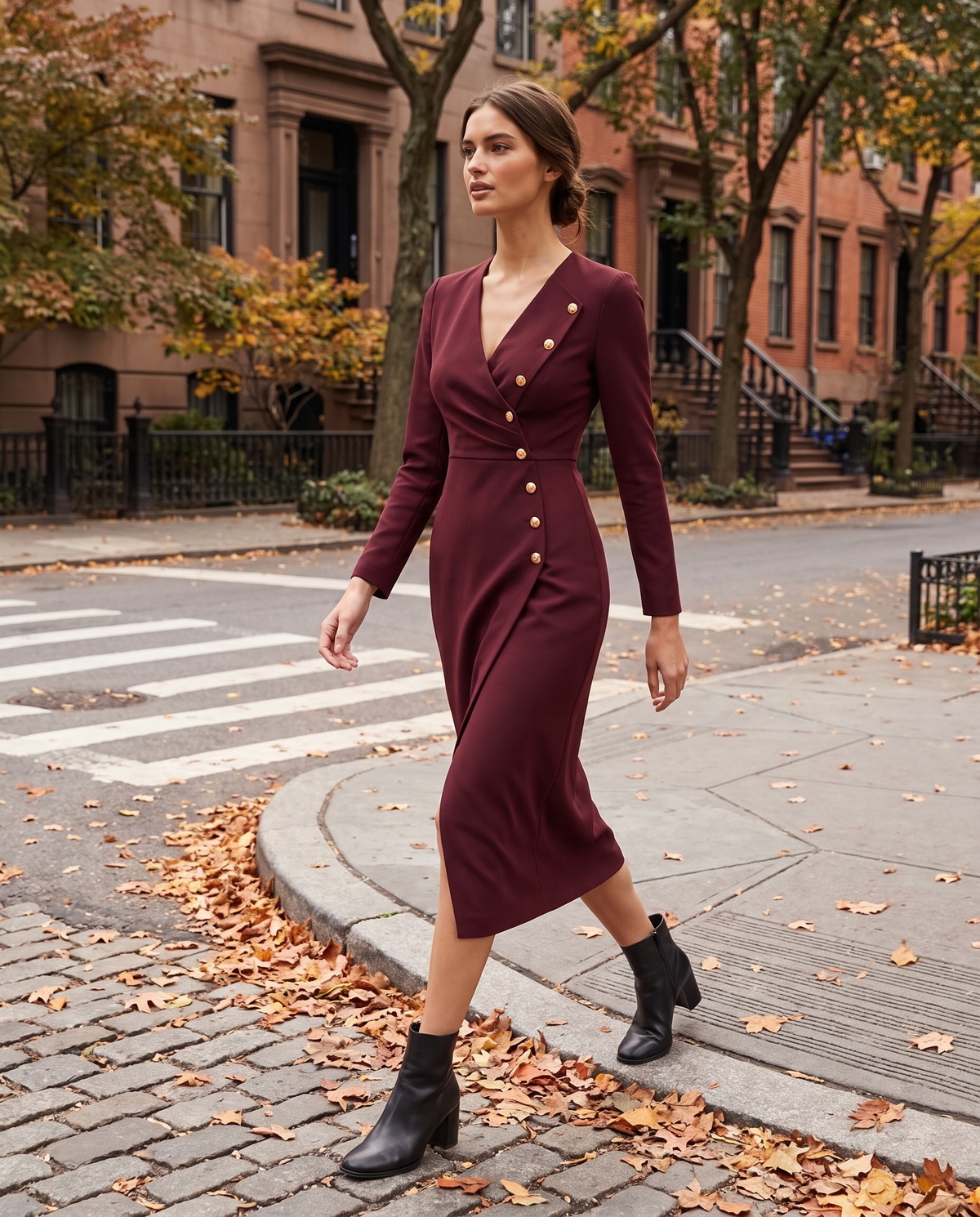 Stockholm Tailored Wrap-Front Buttoned Midi Dress — worn on a New York street in autumn