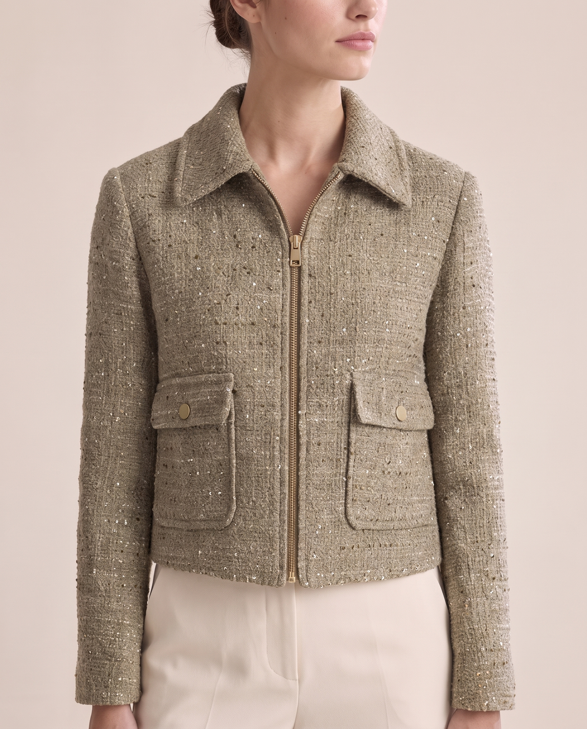 Tweed Zip Jacket for Women — collar and pockets, worn