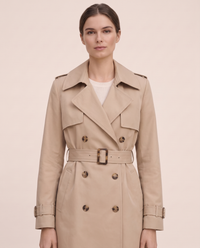 Mid-Length Double-Breasted Belted Trench Coat — lapels, buttons and buckle detail