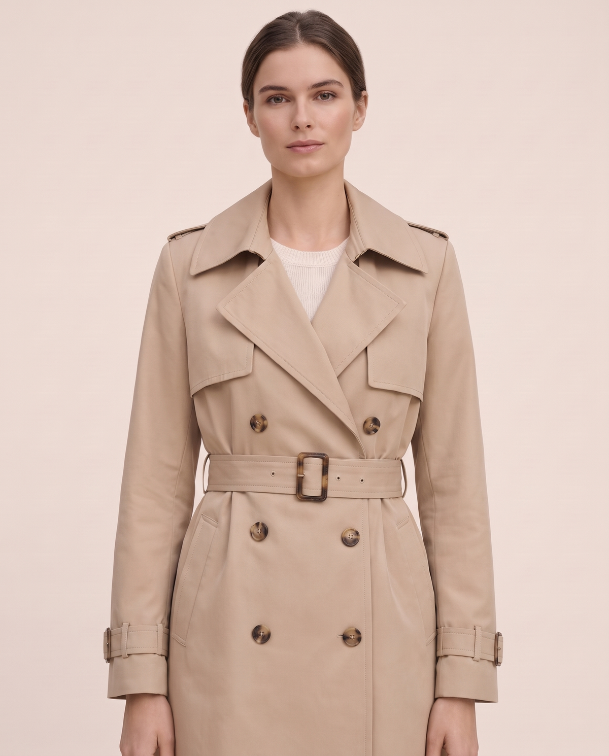 Mid-Length Double-Breasted Belted Trench Coat — lapels, buttons and buckle detail
