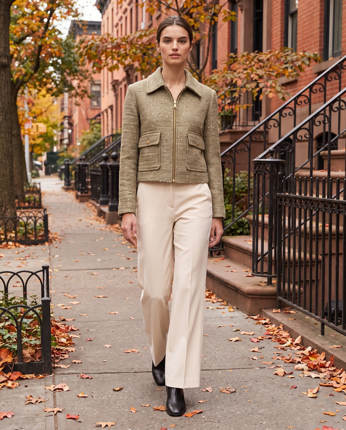 Tweed Zip Jacket for Women — worn on a New York street in autumn