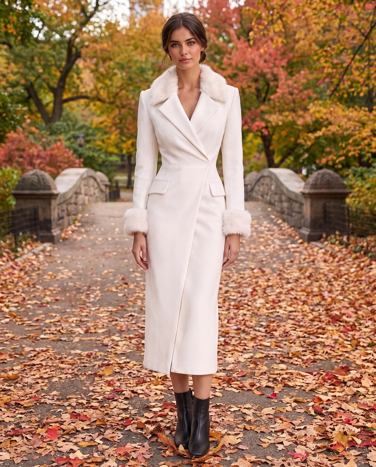 Zermatt Tailored Wrap-Front Faux Fur Trim Midi Dress — worn in Central Park in autumn